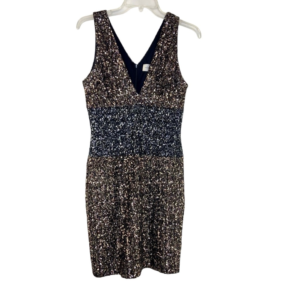 Dress the Population Black and Gold Sequin Mini Plunge Bodycon Dress